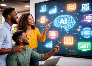 Entrepreneurs reviewing AI tools on a large digital screen showing artificial intelligence applications for business growth.