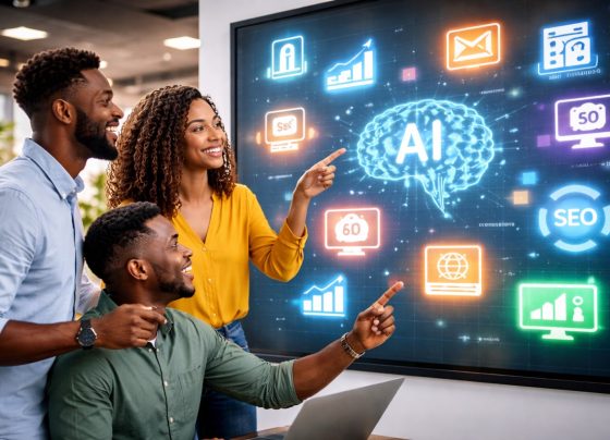 Entrepreneurs reviewing AI tools on a large digital screen showing artificial intelligence applications for business growth.