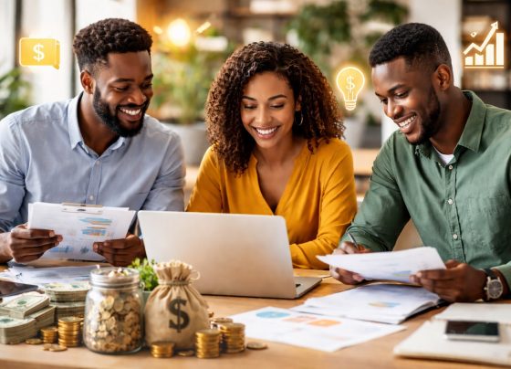 African entrepreneurs reviewing business documents and funding plans with money, coins, and financial growth symbols representing startup funding and business grants.