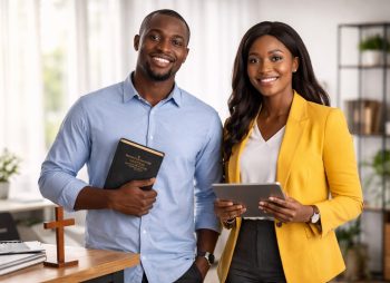 Confident Nigerian business professionals in a modern office representing ethical leadership, faith-driven business values, and entrepreneurship