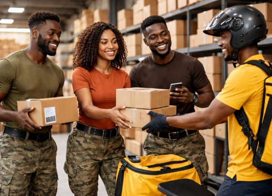 Warehouse workers handing e-commerce packages to a delivery rider for online order shipment.