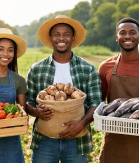 Young Nigerian agripreneurs holding fresh farm produce in a modern agricultural setting