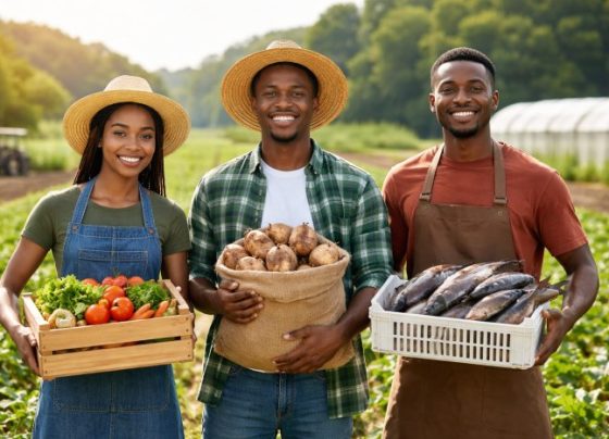 Young Nigerian agripreneurs holding fresh farm produce in a modern agricultural setting