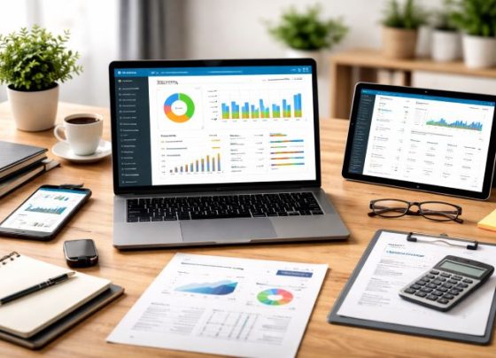 Laptop and digital devices displaying business dashboards and ERP analytics on a clean workspace