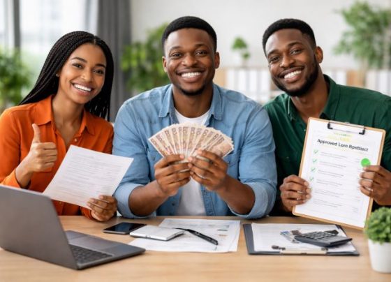 Young Nigerian entrepreneurs celebrating business funding success in a modern office setting