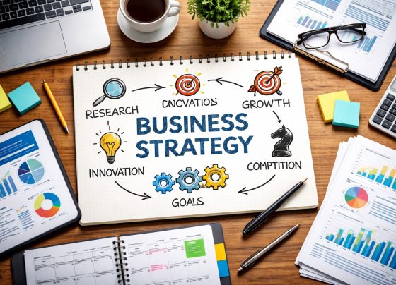 Business strategy planning workspace with charts, reports, and a strategy diagram showing research, innovation, competition, and growth.
