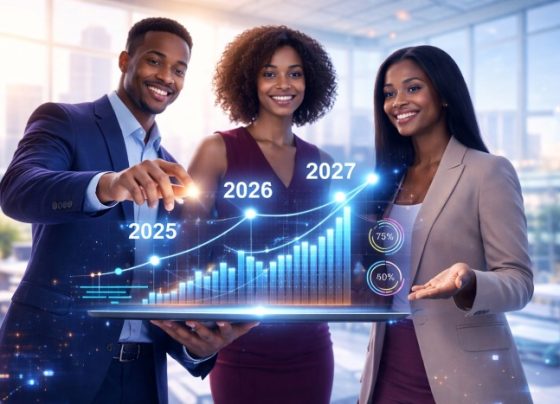 Three Black entrepreneurs analyzing a futuristic financial growth chart showing trends from 2025 to 2027