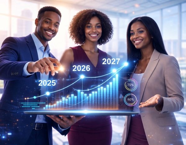 Three Black entrepreneurs analyzing a futuristic financial growth chart showing trends from 2025 to 2027