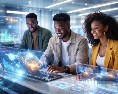 Three modern Black entrepreneurs collaborating in a bright futuristic office using AI holograms and digital dashboards on laptops
