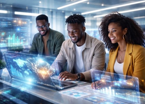 Three modern Black entrepreneurs collaborating in a bright futuristic office using AI holograms and digital dashboards on laptops