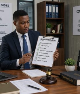 Nigerian entrepreneur reviewing business regulations checklist in a professional office setting