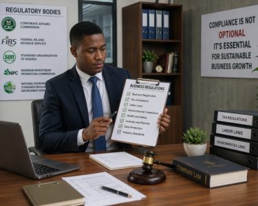Nigerian entrepreneur reviewing business regulations checklist in a professional office setting
