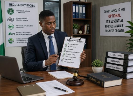 Nigerian entrepreneur reviewing business regulations checklist in a professional office setting