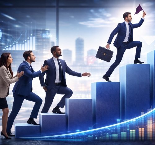 Business team supporting a leader climbing a growth chart toward success in a modern corporate environment