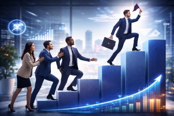 Business team supporting a leader climbing a growth chart toward success in a modern corporate environment