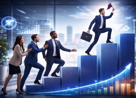 Business team supporting a leader climbing a growth chart toward success in a modern corporate environment