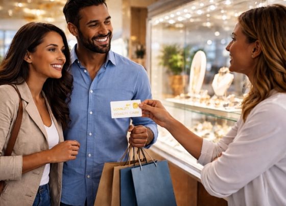 Black couple receiving a loyalty card from a sales associate in a modern retail store