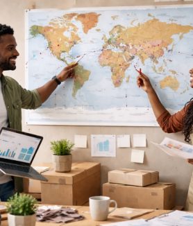 Black entrepreneurs collaborating in a small business workspace, planning expansion into international markets using a world map.