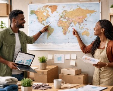 Black entrepreneurs collaborating in a small business workspace, planning expansion into international markets using a world map.