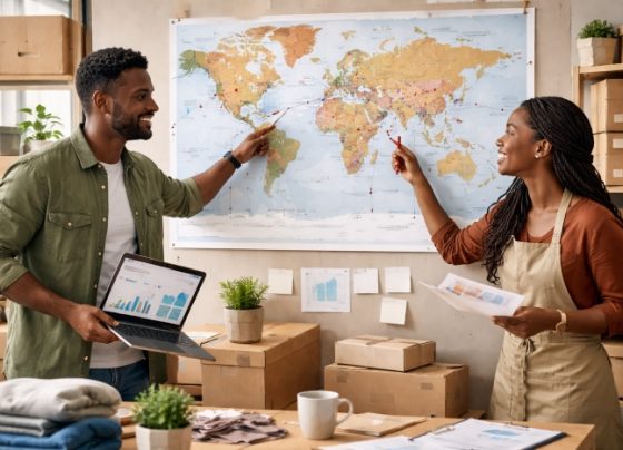 Black entrepreneurs collaborating in a small business workspace, planning expansion into international markets using a world map.