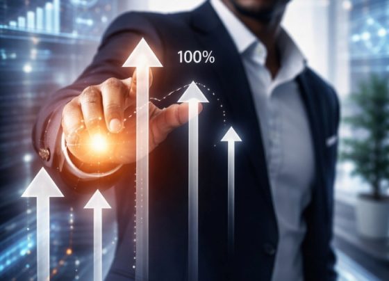 Black entrepreneur interacting with a futuristic digital growth chart showing upward arrows and 100 percent progress