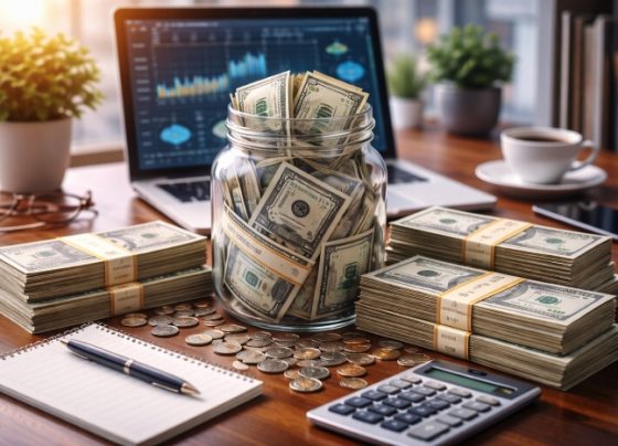 Cash savings in a jar with stacks of money, coins, calculator, and laptop showing financial data on a desk