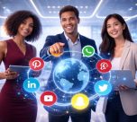 Diverse entrepreneurs using futuristic social media marketing tools with glowing digital icons and global network