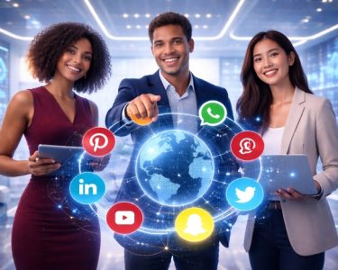 Diverse entrepreneurs using futuristic social media marketing tools with glowing digital icons and global network