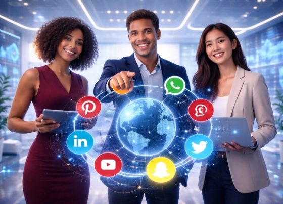 Diverse entrepreneurs using futuristic social media marketing tools with glowing digital icons and global network