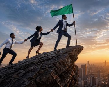Business team climbing a mountain with a leader holding a flag symbolizing sales growth and high performance