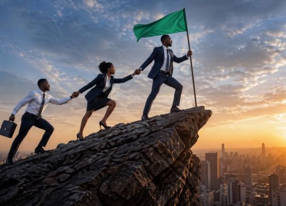 Business team climbing a mountain with a leader holding a flag symbolizing sales growth and high performance