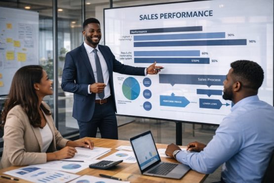 Nigerian sales team reviewing performance data and strategy on a digital screen in a modern office
