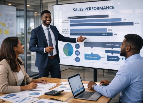 Nigerian sales team reviewing performance data and strategy on a digital screen in a modern office