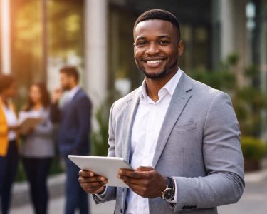 Smiling African entrepreneur in business attire holding a tablet outdoors with a modern office background, representing leadership and sustainable business growth