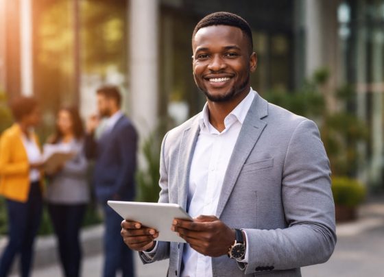 Smiling African entrepreneur in business attire holding a tablet outdoors with a modern office background, representing leadership and sustainable business growth