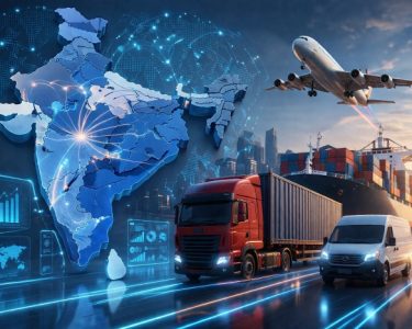Futuristic global export scene with digital map of India, cargo ship, airplane, and trucks connected by glowing data networks
