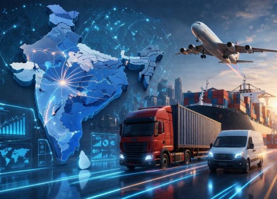 Futuristic global export scene with digital map of India, cargo ship, airplane, and trucks connected by glowing data networks
