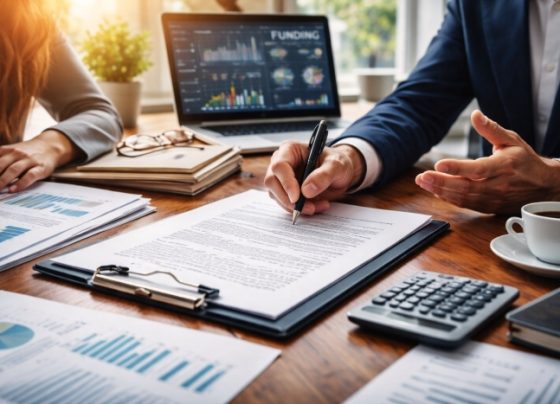 Professionals reviewing and signing a business funding proposal with financial charts and documents on a desk