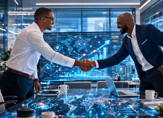 Two Black businessmen shaking hands in a futuristic office with holographic data displays and digital analytics