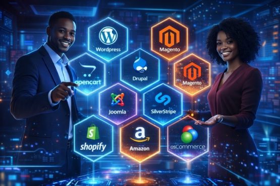 Futuristic scene with Black entrepreneurs interacting with glowing ecommerce and website platform icons in a high-tech digital environment