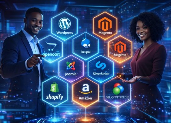Futuristic scene with Black entrepreneurs interacting with glowing ecommerce and website platform icons in a high-tech digital environment