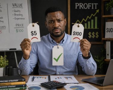 Nigerian entrepreneur analyzing product pricing with charts, calculator, and cash on a deskNigerian entrepreneur analyzing product pricing with charts, calculator, and cash on a desk