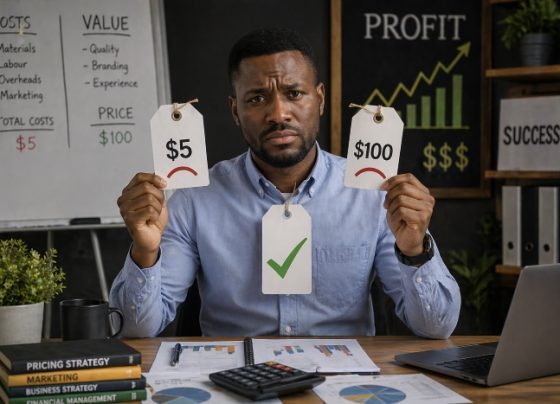 Nigerian entrepreneur analyzing product pricing with charts, calculator, and cash on a deskNigerian entrepreneur analyzing product pricing with charts, calculator, and cash on a desk