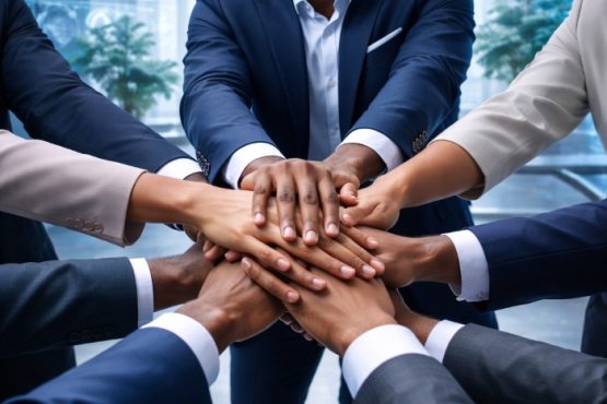Black entrepreneurs stacking hands in a futuristic office with a team leader at the center